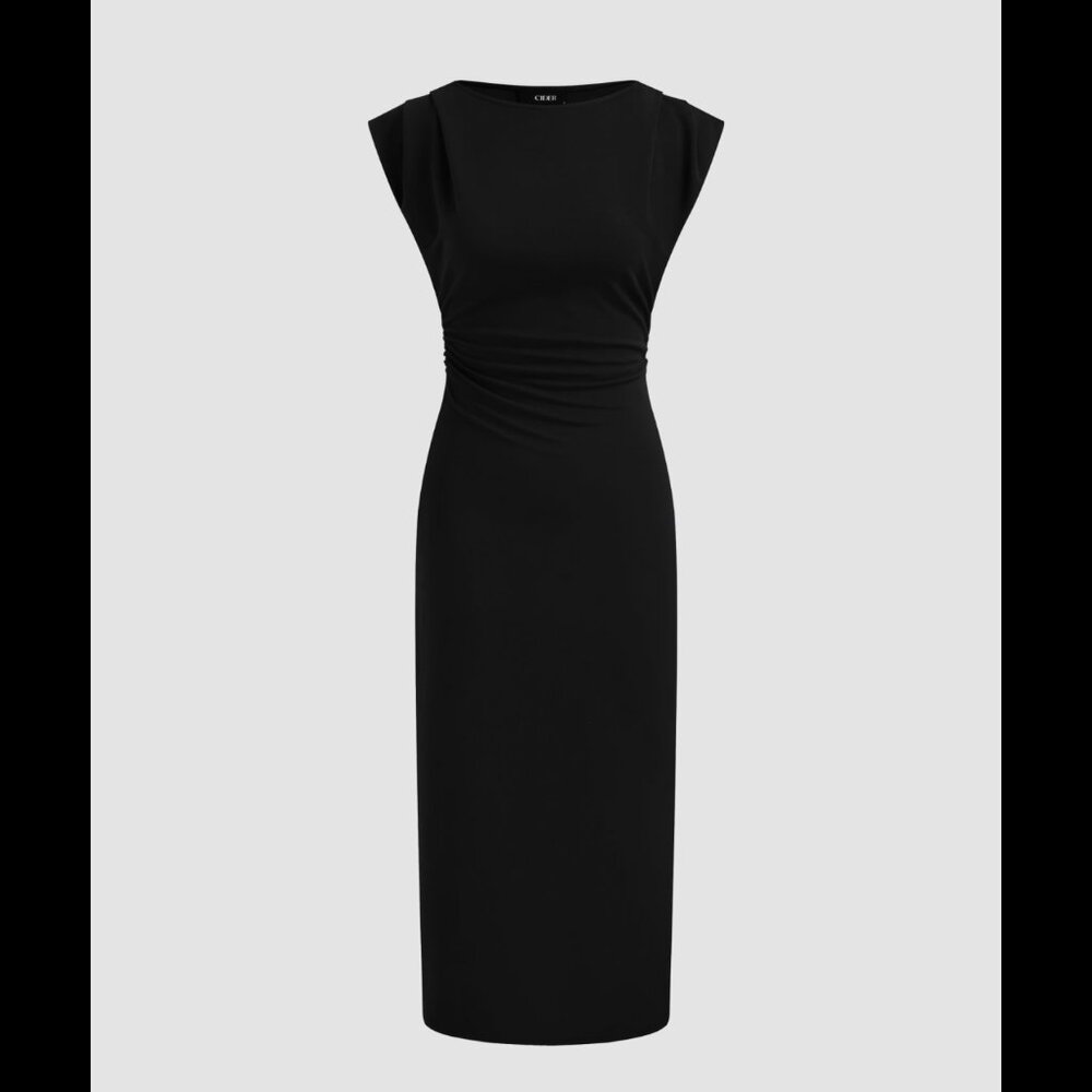 CIDER Boat Neck Solid Ruched Maxi Dress